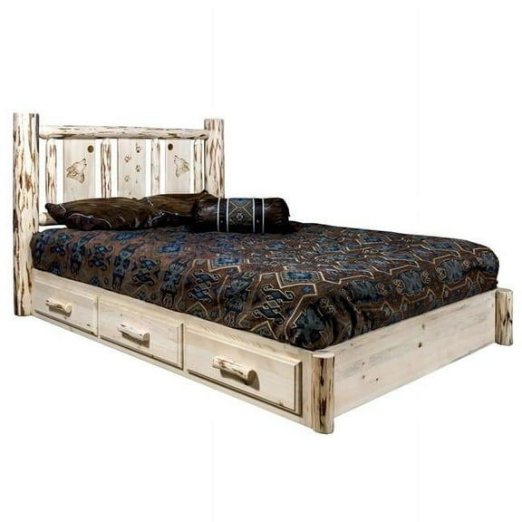 Montana Collection Platform Bed w/ Storage, Queen w/ Laser Engraved Wolf Design, Clear Lacquer Finish