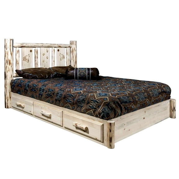 Montana Collection Platform Bed w/ Storage, Twin w/ Laser Engraved Wolf Design, Clear Lacquer Finish