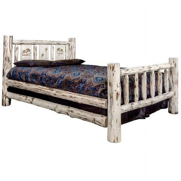 Montana Collection Queen Bed w/ Laser Engraved Moose Design, Clear Lacquer Finish