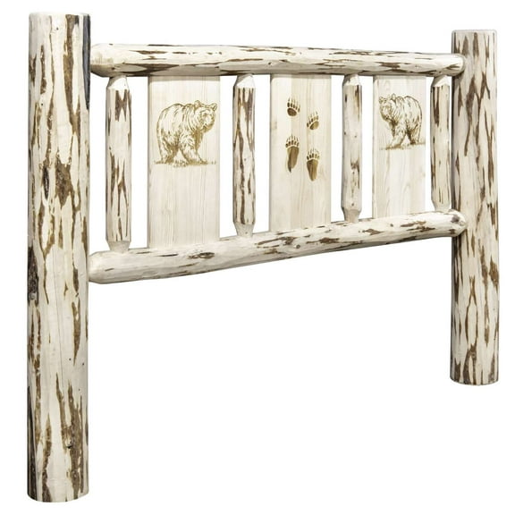 Montana Collection Queen Headboard w/ Laser Engraved Bear Design, Clear Lacquer Finish