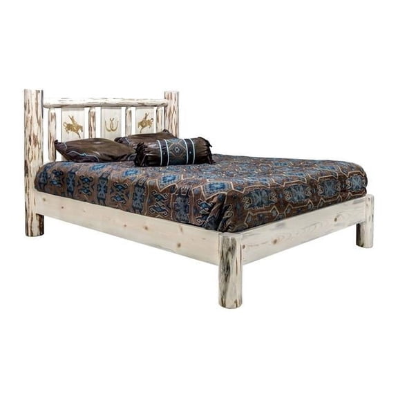 Montana Collection Queen Platform Bed w/ Laser Engraved Bronc Design, Clear Lacquer Finish