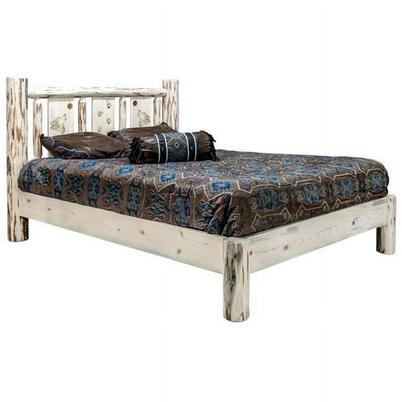 Montana Collection Queen Platform Bed w/ Laser Engraved Wolf Design, Clear Lacquer Finish