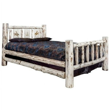 Montana Collection Twin Bed w/ Laser Engraved Bronc Design, Clear Lacquer Finish