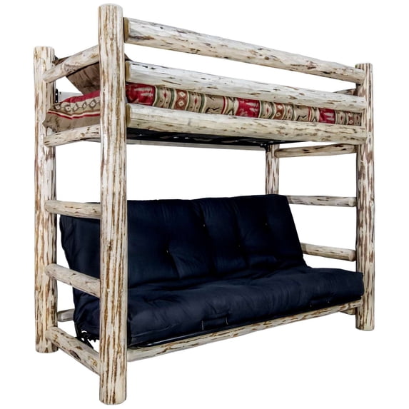Montana Collection Twin Bunk Bed over Full Futon Frame w/ Mattress, Ready to Finish