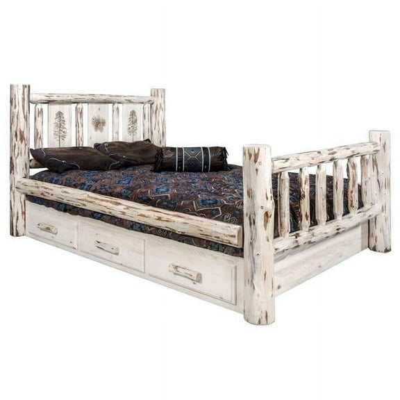 Montana Collection Twin Storage Bed w/ Laser Engraved Pine Design, Ready to Finish