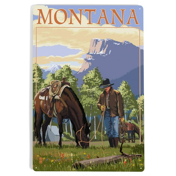 Montana, Cowboy and Horse in Spring (12x18 Aluminum Art, Indoor Outdoor Metal Sign Decor)