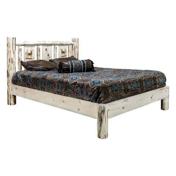 Montana Full Platform Bed with Laser Engraved Elk Design, Clear Lacquer