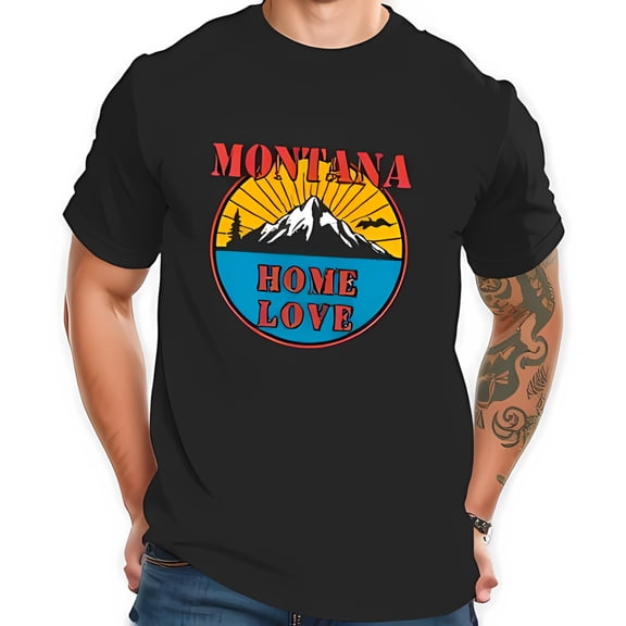 Montana Home Love Cotton Short Sleeve T-Shirt - Vibrant Snow-Capped Mountain & Retro Sun Design