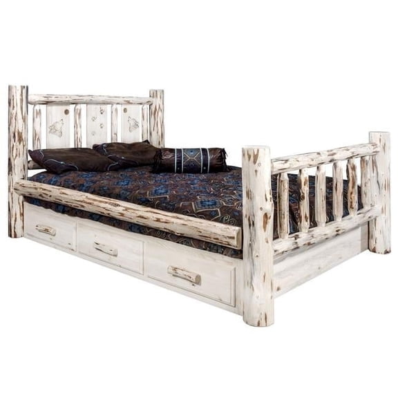 Montana King Storage Bed with Laser Engraved Wolf Design, Clear Lacquer