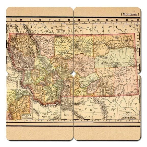 Torched Montana Old World Map Coaster Drink Beer Coaster (Set of 4) 4"x4"