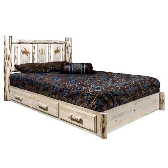 Montana Platform Bed with Storage, California King with Laser Engraved Bronc Design, Clear Lacquer