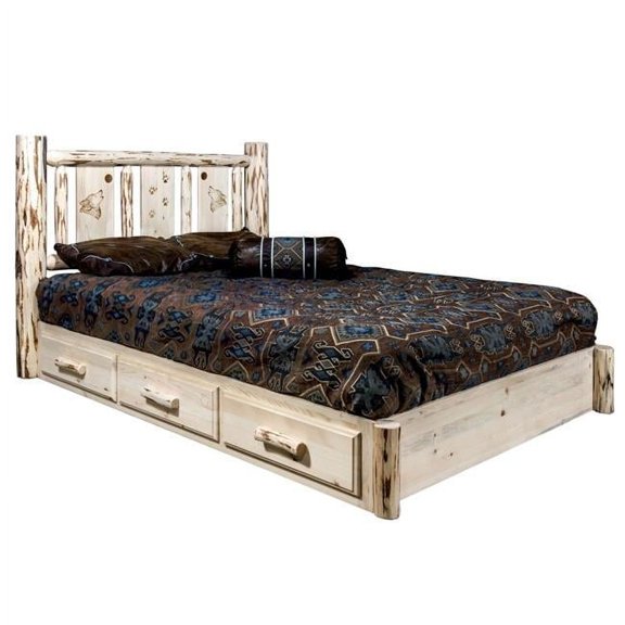 Montana Platform Bed with Storage, King with Laser Engraved Wolf Design