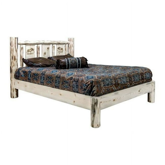 Montana Queen Platform Bed with Laser Engraved Moose Design, Clear Lacquer