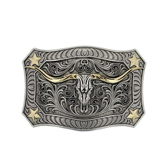 Montana Silversmiths Unisex Longhorn Crest Filigree Attitude Belt Buckle Silver One Size