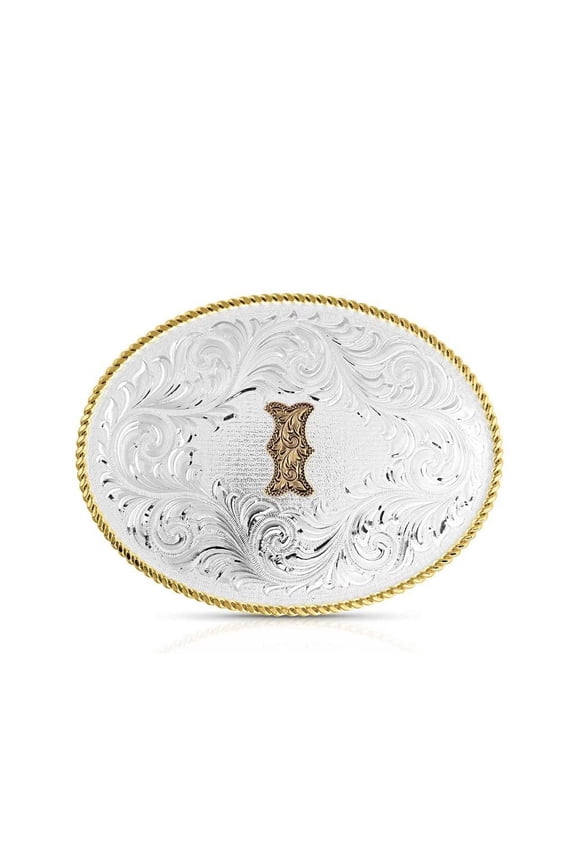 Unisex Classic Western Oval Two-Tone Initial Belt Buckle I Silver One Size