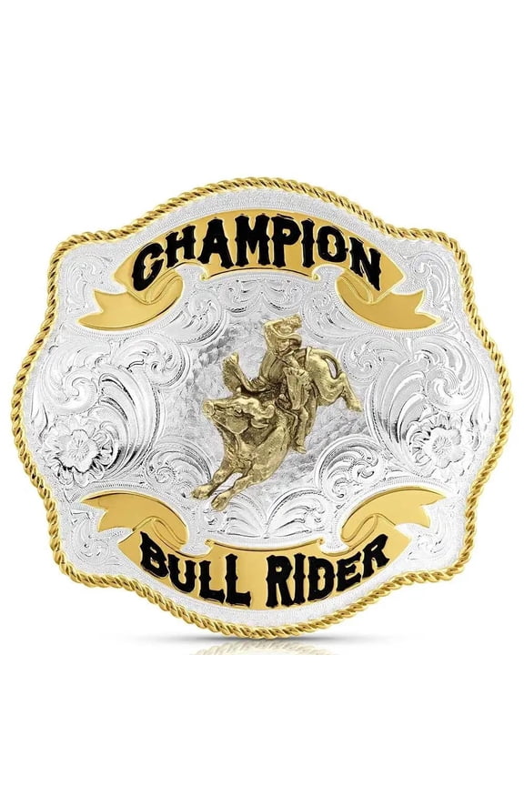 Unisex Scalloped Champion Bullriding Belt Buckle Silver One Size