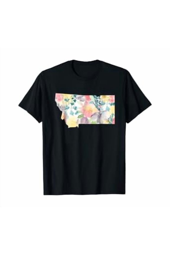 Montana Soft Florals Map State Dk Gift Graphic T-Shirt, Size S-5XL