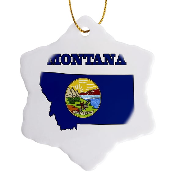 3drose, Montana State Flag in the Outline Map and Letters for Montana, 3 inch Snowflake Porcelain Ornament