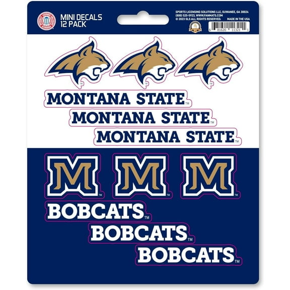 Montana State University Bobcats 12-Piece Mini Decal Sticker Set, 5x6 Inch Sheet, Gift for football fans for any hard surfaces around home, automotive, personal items