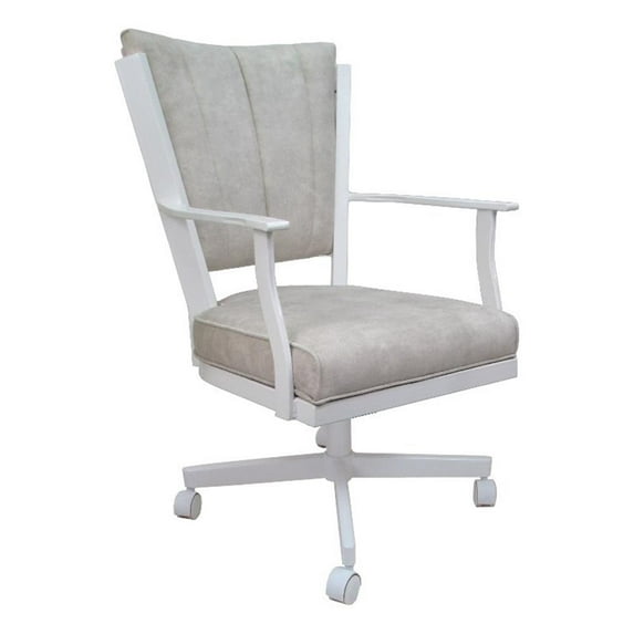 Montana Swivel Metal Dining Caster Chair-Outlier Stucco Beige Fabric-White Frame