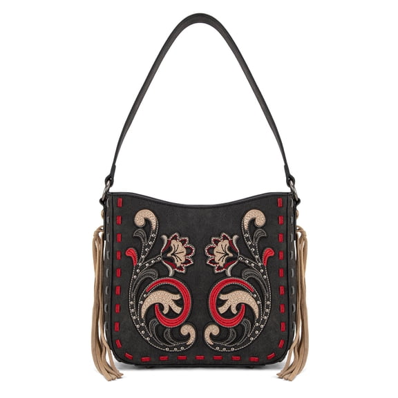 Montana West Shoulder Bag for Women Western Floral Embroidered Fringe Crossbody Hobo Purse, Black