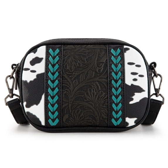 Montana West Cow Print Crossbody Bag for Women Western Tooled Design with Built in Card Holder, Stylish and Functional Purse, Black