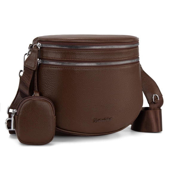 Montana West Crossbody Bag for Women Large Double Zipper Bum Bag with Adjustable Wide Strap, Coffee
