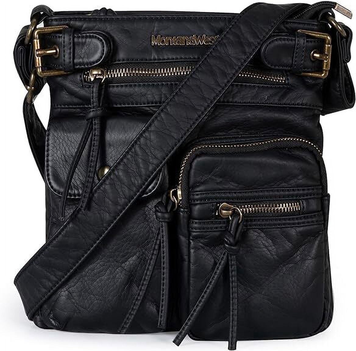 Montana West Crossbody Bag for Women Soft Washed Leather Multi Pocket Shoulder Purses, Black
