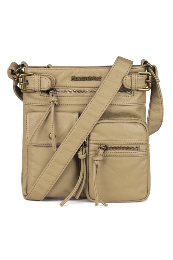 Crossbody Bag for Women Soft Washed Leather Multi Pocket Shoulder Purses, Beige