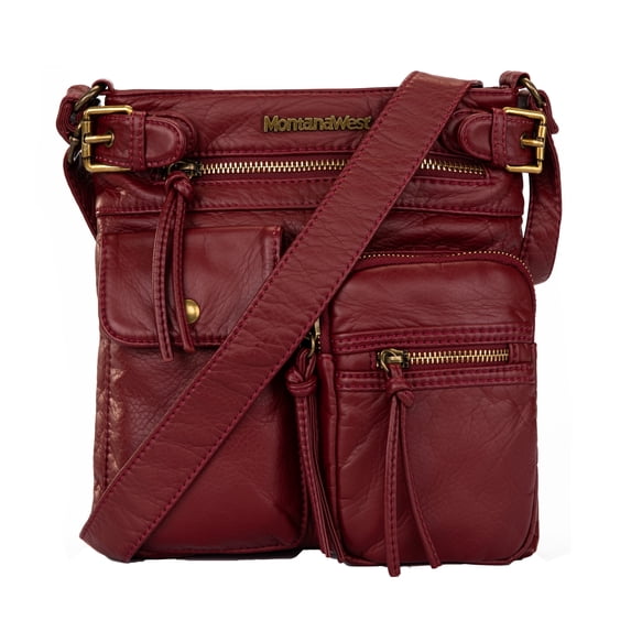 Montana West Crossbody Bag for Women Soft Washed Leather Multi Pocket Shoulder Purses, Red