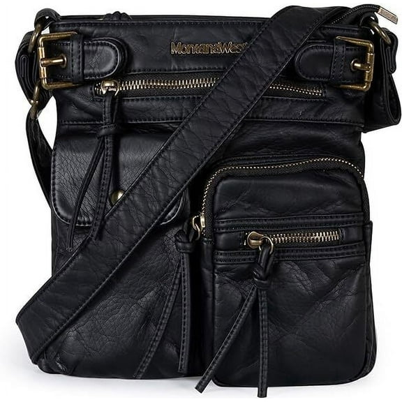 Montana West Crossbody Bag for Women Soft Washed Leather Multi Pocket Shoulder Purses, Black
