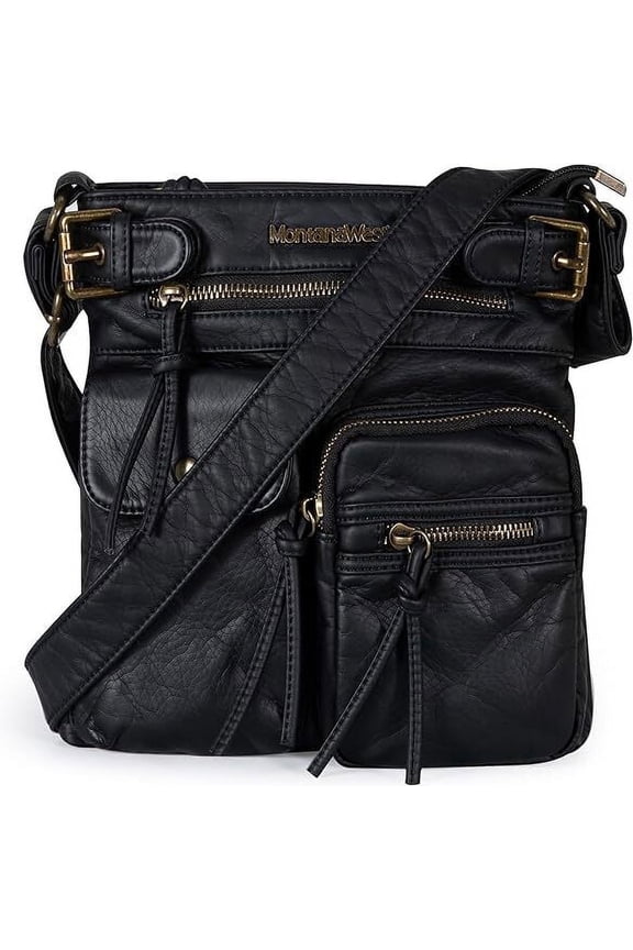 Crossbody Bag for Women Soft Washed Leather Multi Pocket Shoulder Purses, Black
