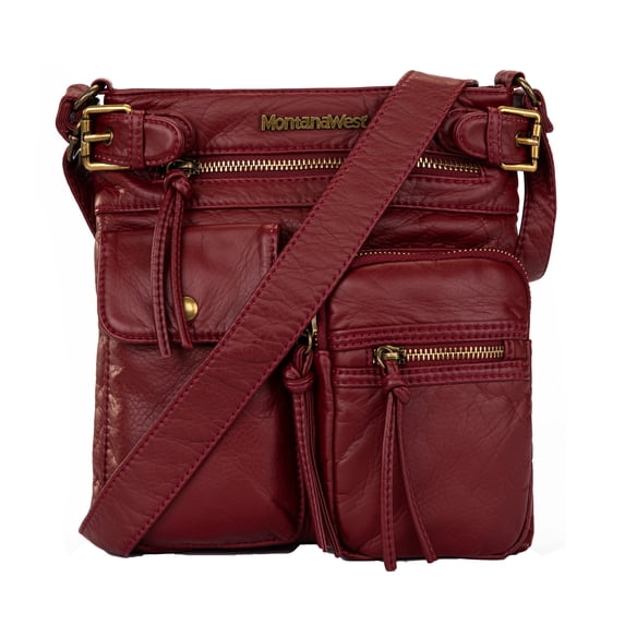 Montana West Crossbody Bag for Women Soft Washed Leather Multi Pocket Shoulder Purses, Burgundy