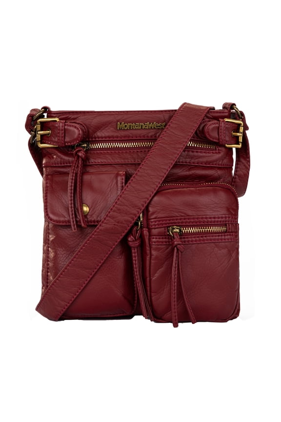 Crossbody Bag for Women Soft Washed Leather Multi Pocket Shoulder Purses, Burgundy