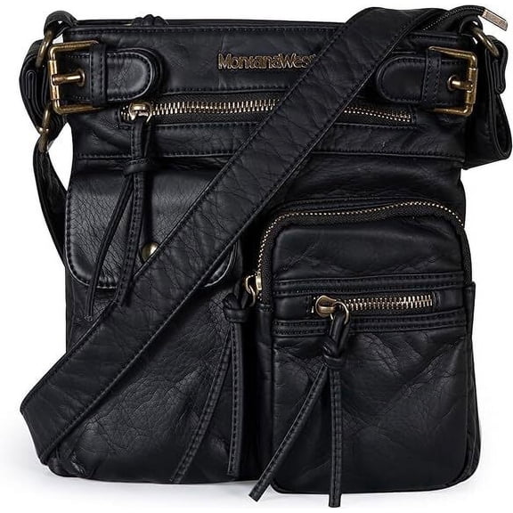 Montana West Crossbody Bag for Women Soft Washed Leather Multi Pocket Shoulder Purses, Black