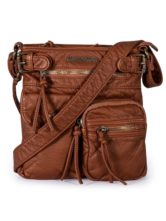 Crossbody Bag for Women Soft Washed Leather Multi Pocket Shoulder Purses, Camel