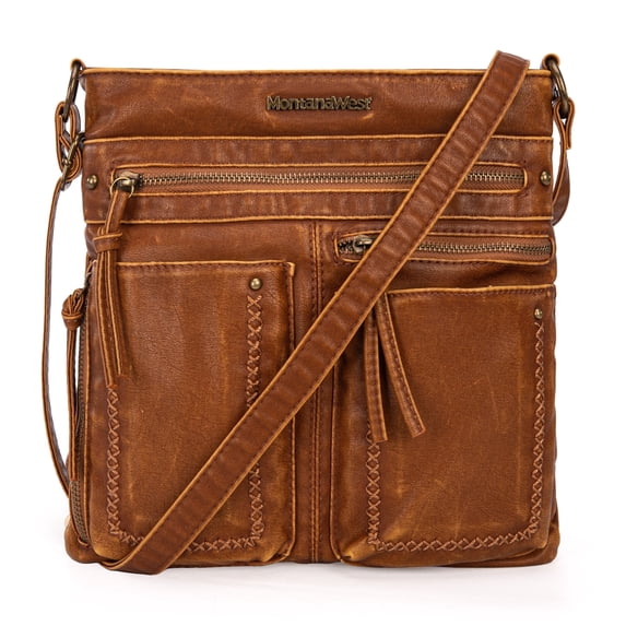 Montana West Crossbody Bags for Women Lightweight Multi Pocket Purses Soft Leather Shoulder Crossover Satchel Handbags, Camel