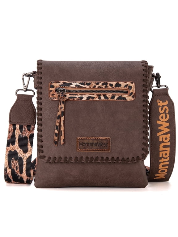 Crossbody Bags for Women with Dual Compartments Western Crossbody Purse with Leopard Print Guitar Strap, Coffee