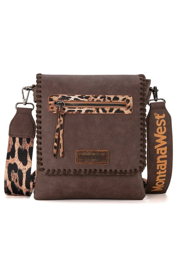 Crossbody Bags for Women with Dual Compartments Western Crossbody Purse with Leopard Print Guitar Strap, Coffee