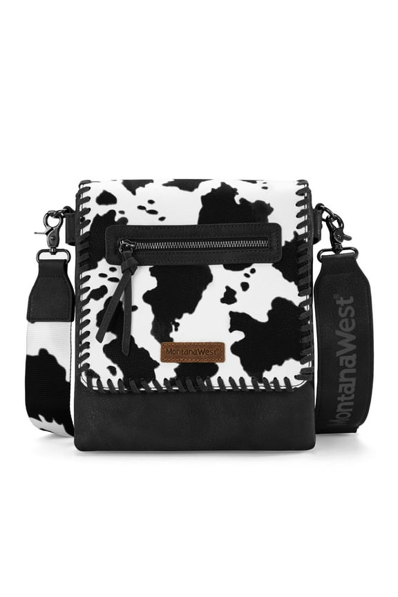 Crossbody Bags for Women with Dual Compartments Western Crossbody Purse with Leopard Print Guitar Strap, Cow-Black