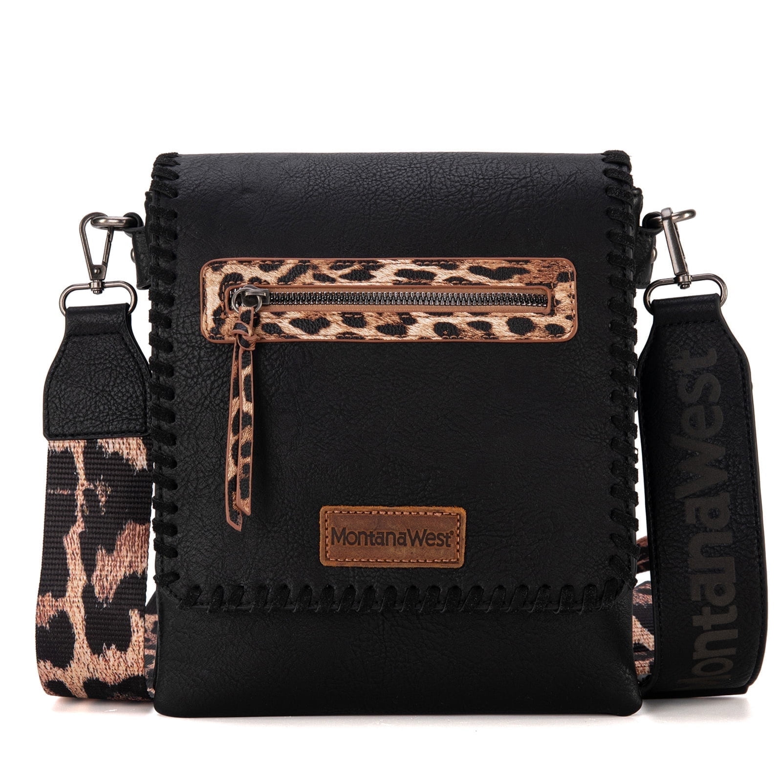 Montana West Crossbody Bags for Women with Dual Compartments Western Crossbody Purse with Leopard Print Guitar Strap, Black