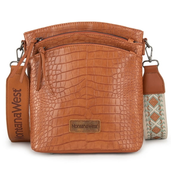 Montana West Multi Zip Pocket Large Crossbody Bag With Guitar Strap, D-Light Brown