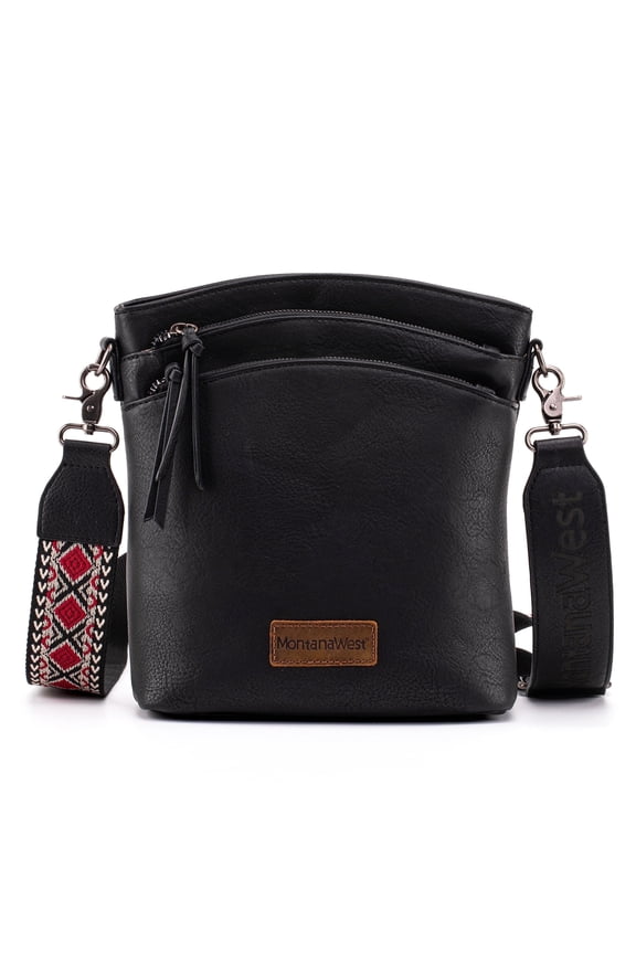 Multi Zip Pocket Large Crossbody Bag With Guitar Strap, Classic Black