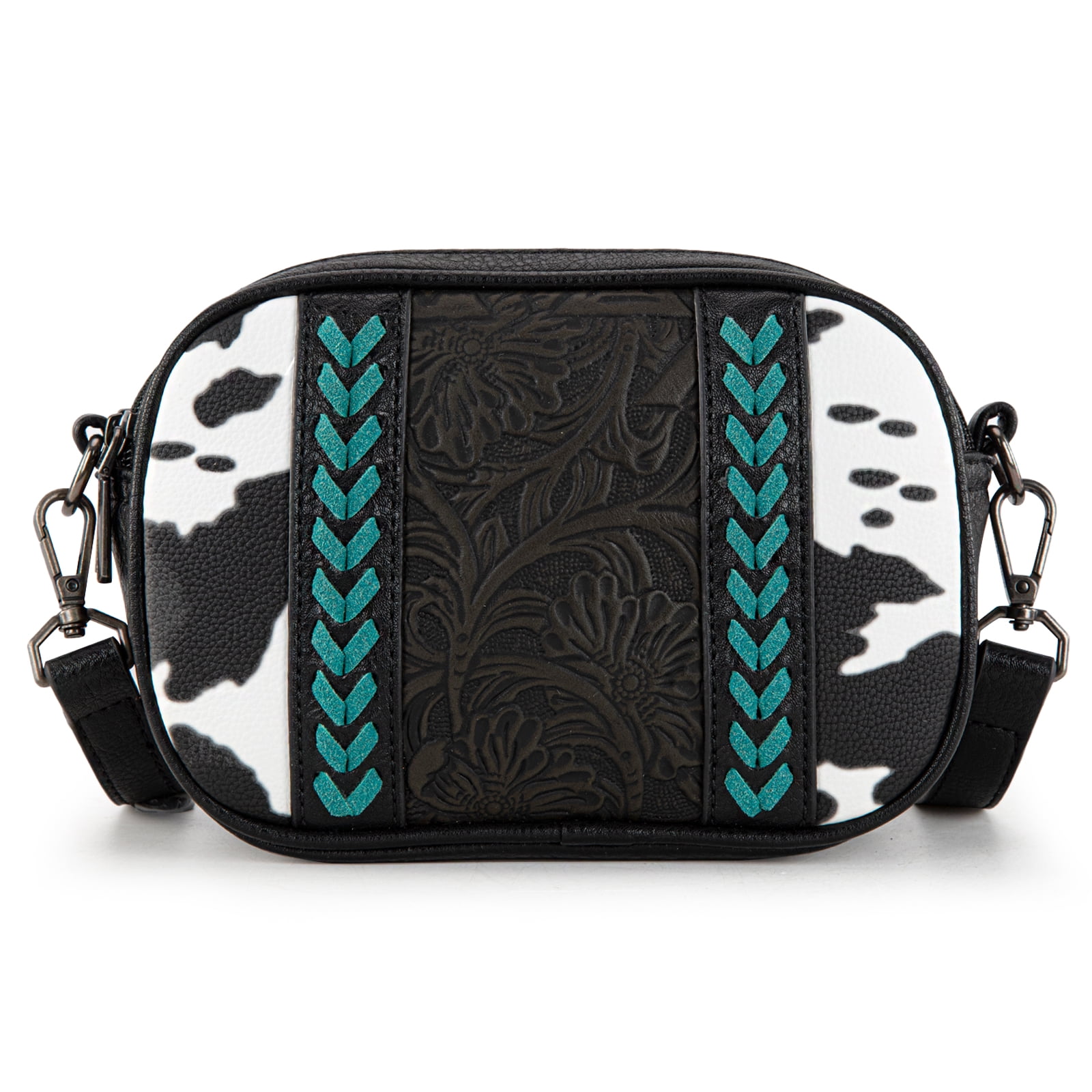 Montana West Cow Print Crossbody Bag for Women Western Tooled Design with Built in Card Holder, Stylish and Functional Purse, Black