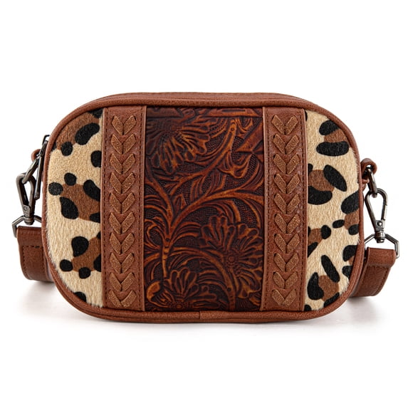 Montana West Cow Print Crossbody Bag for Women Western Tooled Design with Built in Card Holder, Stylish and Functional Purse, Leopard