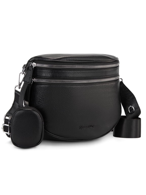Crossbody Bag for Women Large Double Zipper Bum Bag with Adjustable Wide Strap, Black