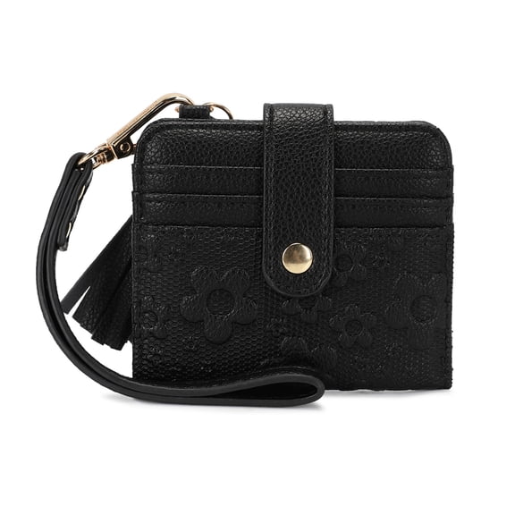 Montana West Small Wallet for Women Floral Embossed RFID Bifold Mini Card Holder with Tassel, Black
