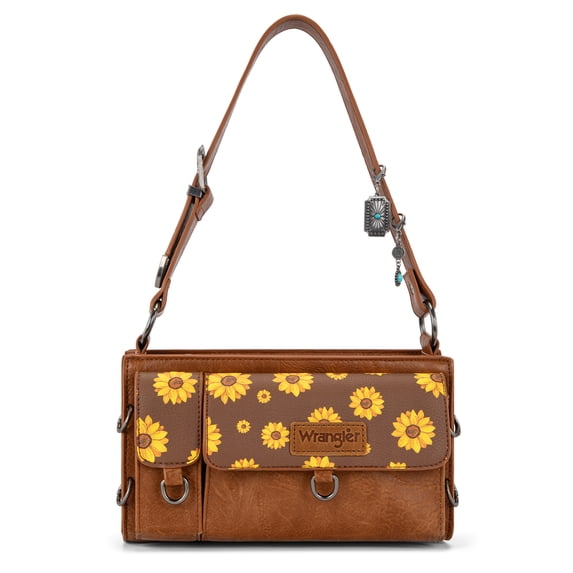 Wrangler Y2K Purse Small Shoulder Bag for Women Stylish Western Design with Detachable Charms Multiple Pockets, Sunflower-Brown