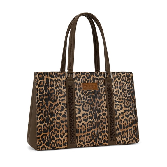 Wrangler Laptop Tote Bag for Women 15.6 Inch Computer Bag for Work Large Double Compartment Purse and Handbag,Leopard Print Brown