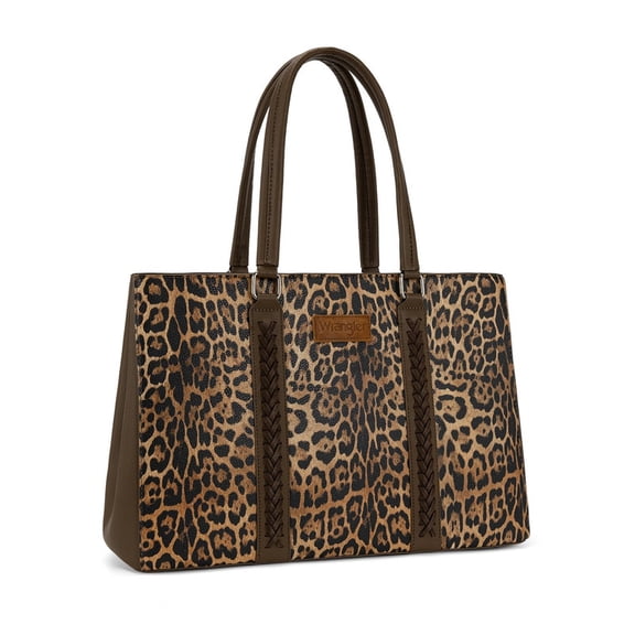 Wrangler Laptop Tote Bag for Women 15.6 Inch Computer Bag for Work Large Double Compartment Purse and Handbag,Leopard Print Brown